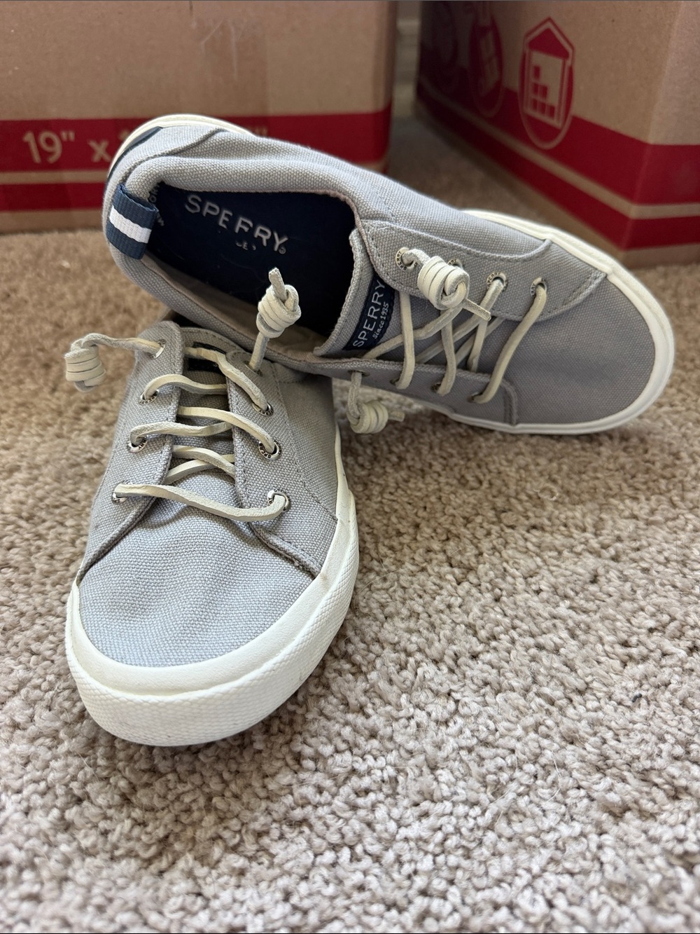 Sperry Women’s Light Gray Canvas Boat Sneakers with White Sole